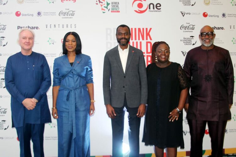 L-R: United Nations Resident Coordinator, Dr. Matthias Schmale; Vice President, Public Affairs Communication & Sustainability, The Coca-Cola Company, Africa, Ms. Patricia Obazuwa; MD/CEO Sterling Bank Plc, Mr. Abubakar Suleiman; CEO of Sterling One Foundation, Mrs. Olapeju Ibekwe and Vice President and Head, Corporate and Government Relations, Olam at the premier edition of Africa Social Impact Summit held in Abuja on Thursday.