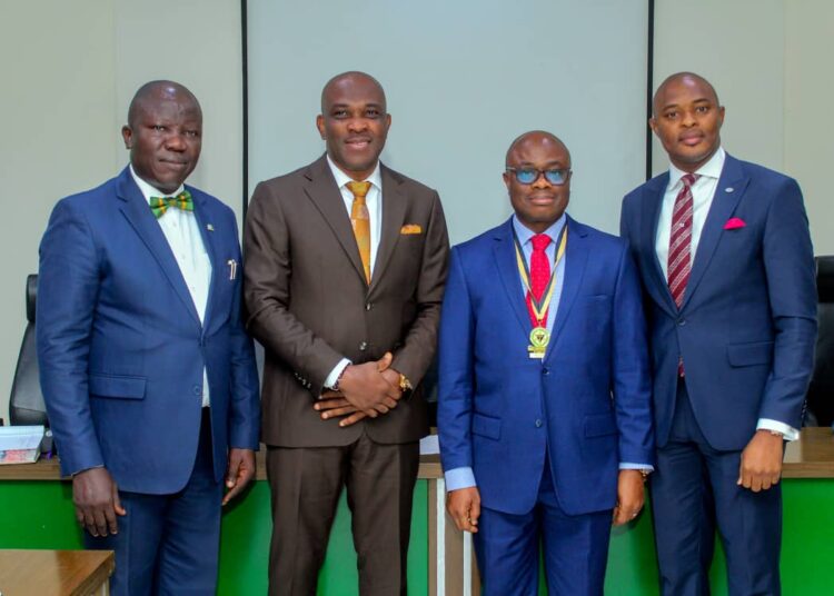 L-R: Dr. 'Seye Awojobi, FCIB; Registrar/CEO, Chartered Institute of Bankers of Nigeria (CIBN); Rasheed Bolarinwa, President, Association of Corporate Affairs Managers of Banks (ACAMB); Dr. Ken Okpara, FCIB, President/Chairman of Council (CIBN) & ' Jide Sipe, General Secretary (ACAMB) when ACAMB ExCO paid a working visit to CIBN President at Bankers House, Victoria Island in Lagos on Wednesday.