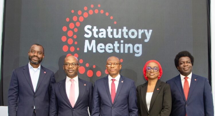 L-R: CEO, Sterling Bank LTD, Abubakar Suleiman; Group CEO, Sterling Financial Holdings Company, Yemi Odubiyi; Chairman, Sterling Financial Holdings Company, Yemi Adeola; Company Secretary, Temitayo Adegoke; and Executive Director/Chief Operating Officer, Sterling Financial Holdings Company, Olayinka Oni, at the Statutory General Meeting for Sterling Financial Holdings Company held in Lagos recently.