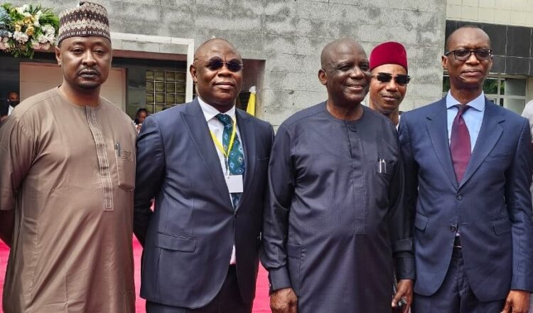 L- R: Mr Bashir Bello, Unit Head, Specialise Assets, AMCON; Mr Joshua Ikioda, Group Head, Enforcement; Prof Barth NNaji CON, Chairman Geometric Power Group and Mr 'Yemi Ola, Unit Head, Specialise Assets, AMCON at the Commissioning of Geometric Power Plan, Aba...February 26