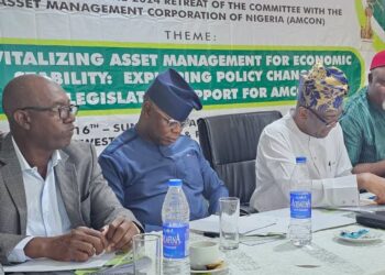 L-R: Mr Najib Sulaiman, Head of Strategy AMCON; Mr Joshua Ikioda, Group Head of Enforcement, AMCON; Mr Lucky Adaghe, Executive Director of Operations, AMCON and the Chairman, House of Representatives Committee on Banking & Ancillary Institutions, Honourable Eze Nwachukwu Eze during the House of Reps Committee retreat in Enugu State.