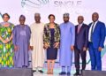 From left, Minister of State for Finance, Dr Doris Uzoka-Anite; Minister of Marine Economy, Mr Gboyega Oyetola; chairman, Senate Committee on Finance, Senator Sani Musa; Minister of Industry, Trade and Investment, Dr Jumoke Oduwole; chairman, Federal Inland Revenue Service, Dr Zacch Adedeji; Managing Director, Nigerian Port Authority (NPA), Dr Abubakar Dantsoho; head, National Single Window (NSW) project secretariat, Mr Tola Fakolade, at the opening of a three-day NSW industry and stakeholders’ forum held at Marriott Hotel, Ikeja, Lagos, on Tuesday