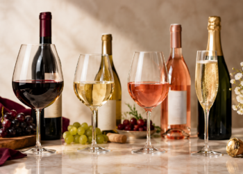 Four types of wine displayed in glasses alongside bottles of red, white, rosé and sparkling wine.