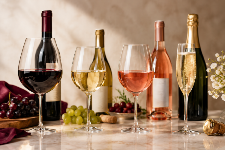 Four types of wine displayed in glasses alongside bottles of red, white, rosé and sparkling wine.