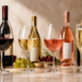 Four types of wine displayed in glasses alongside bottles of red, white, rosé and sparkling wine.